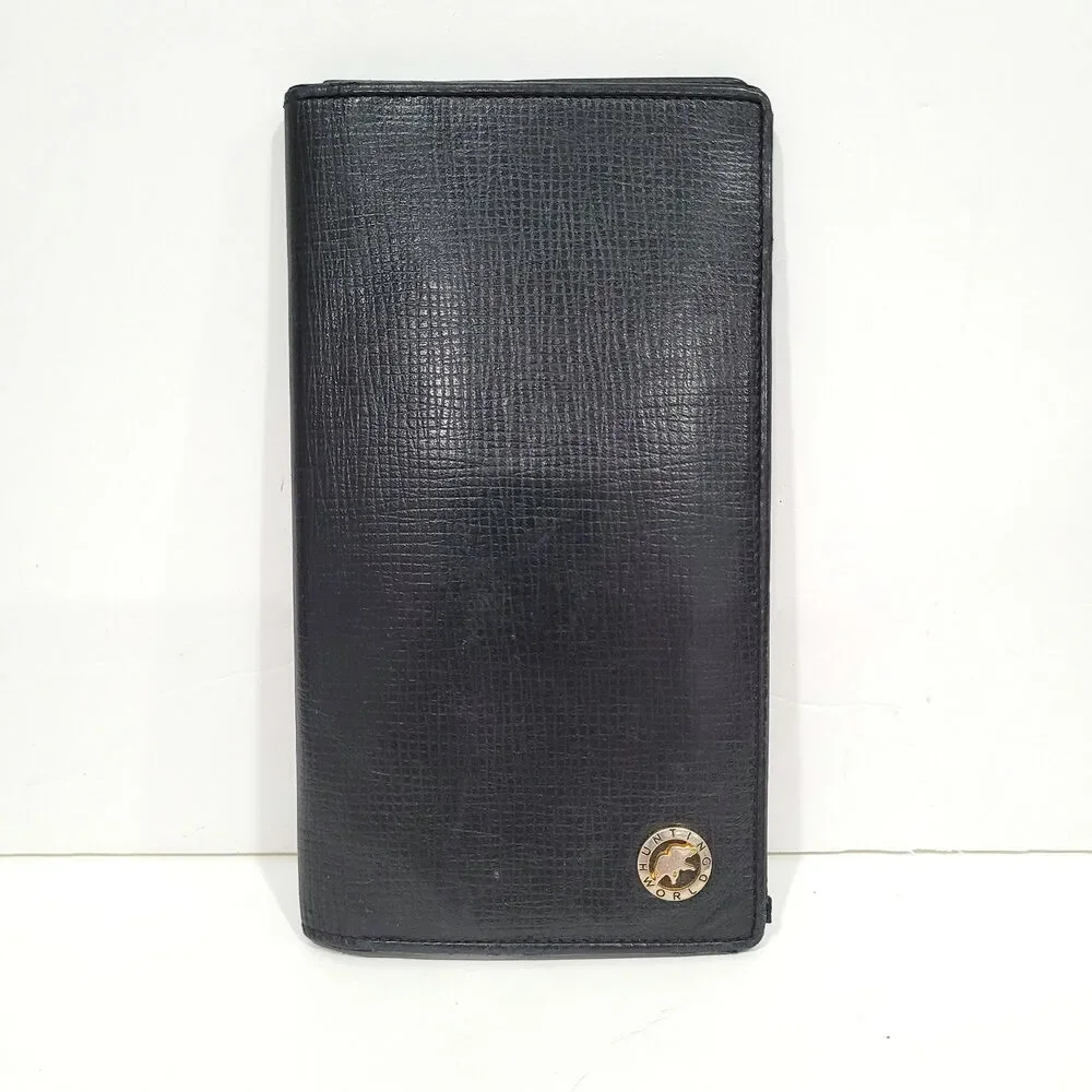 Hunting World Black‎ Wallet Long Checkbook Card Holder Leather Bifold Italian